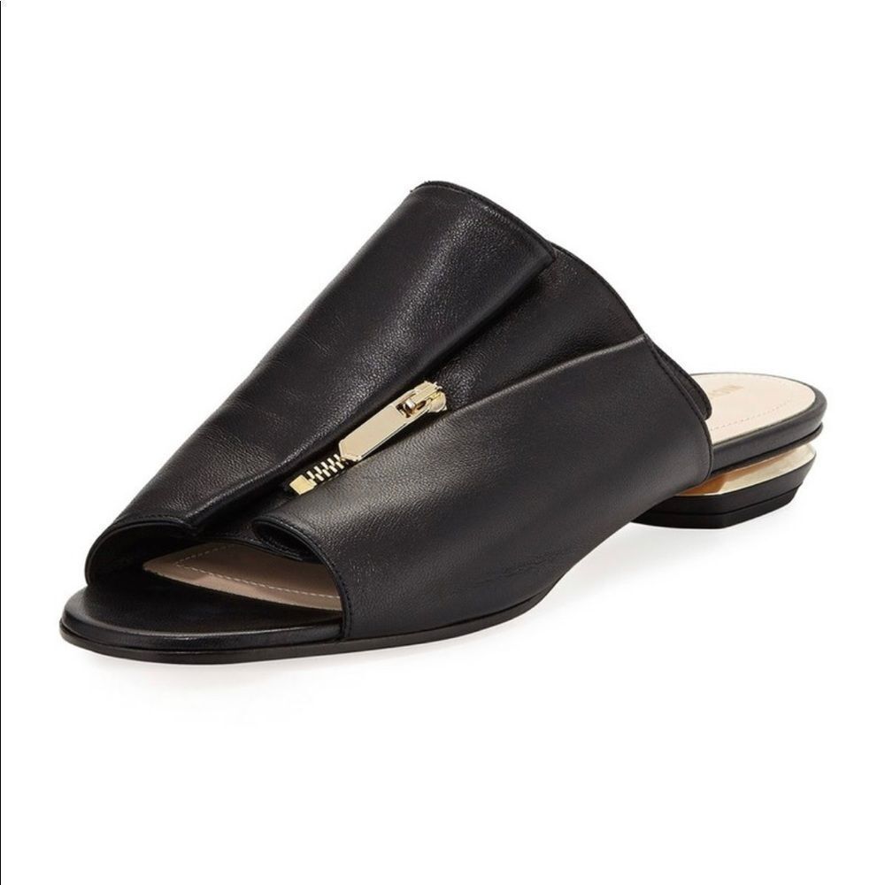 Nicholas Kirkwood 18mm Black Leather Kristen Mules slides zipper 7